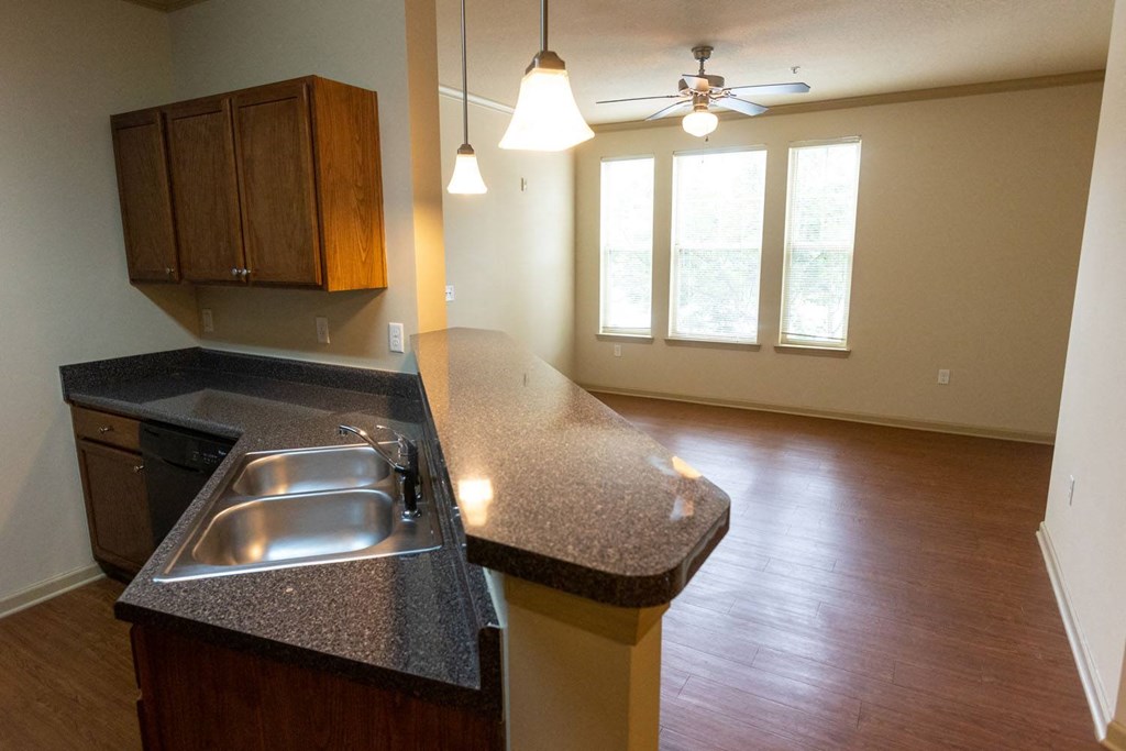 a kitchen with a sink and a ceiling fan