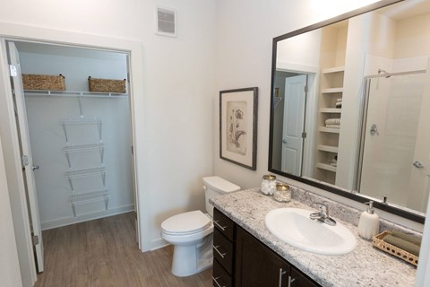 A bathroom with a white toilet, sink, and a mirror.