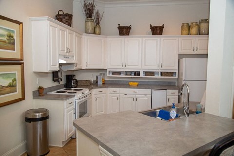 a kitchen with white cabinets and a sink