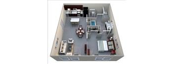 A 3D floor plan of a house with a kitchen, living room, dining room, and bedrooms.