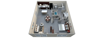 A 3D floor plan of a small apartment with a kitchen, living room, and bedroom.