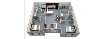 A 3D floor plan of a house with a kitchen, living room, and two bedrooms.