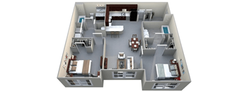 A 3D floor plan of a house with multiple rooms and furniture.