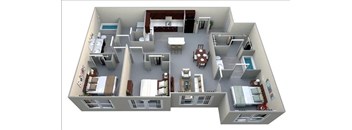 A 3D floor plan of a house with a kitchen, living room, and bedrooms.