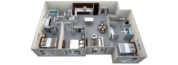 A 3D image of a house layout with a kitchen, living room, and bedrooms.