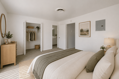 A bedroom with a large bed and a wardrobe.