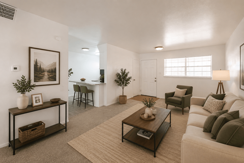 A living room with a white couch, a coffee table, and a painting on the wall.
