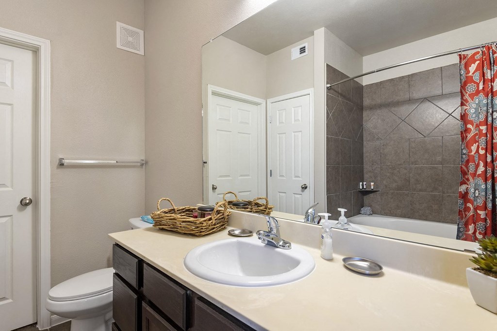 A bathroom with a white sink and a mirror.