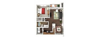 A floor plan of a small apartment with a bedroom, living room, and kitchen.