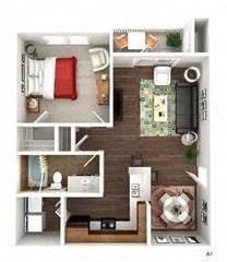 A floor plan of a small apartment with a bedroom, living room, and kitchen.
