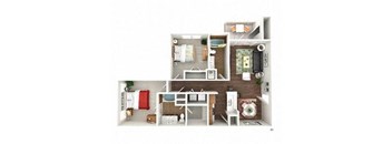 A floor plan of a small apartment with a kitchen, living room, and two bedrooms.