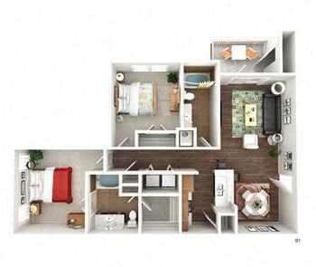 A floor plan of a small apartment with a kitchen, living room, and two bedrooms.