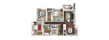 A 3D floor plan of a small apartment with two bedrooms, a living room, and a kitchen.
