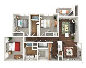 A 3D floor plan of a small apartment with two bedrooms, a living room, and a kitchen.