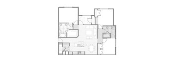 A black and white floor plan of a house with a kitchen, living room, and dining area.
