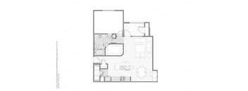 A floor plan of a house with a kitchen, living room, and dining area.