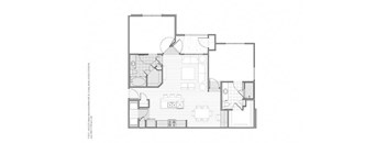 A black and white floor plan of a house with a kitchen, living room, and two bedrooms.