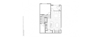 A black and white floor plan of a house with a kitchen, living room, and two bedrooms.