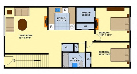2 Bedroom 1 Bath Floor Plan at Brookwood at Ridge, Ridge, NY