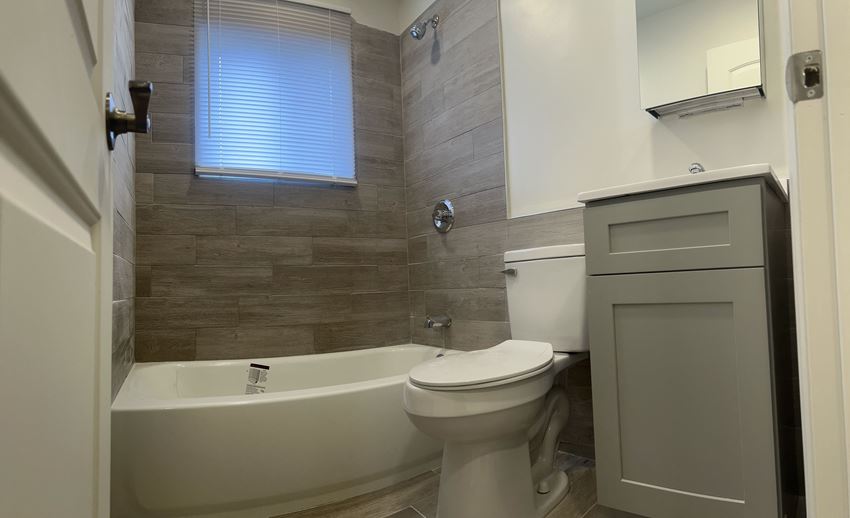 a bathroom with a toilet and a tub and a sink