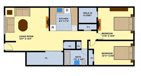 2 Bed 1 Bath Floor Plan at Brookwood at Ridge, Ridge