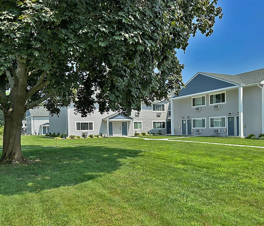 a large grassy area with a tree in the foreground at Brookwood at Sayville, Sayville, NY, 11782