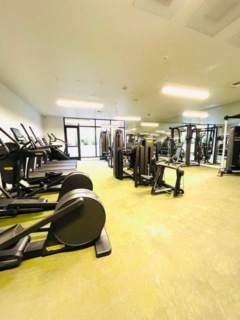 a gym with a lot of exercise equipment in it