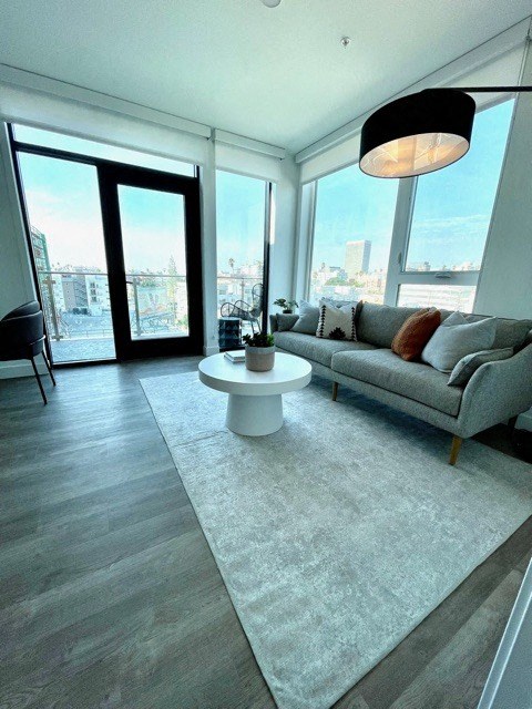 a living room with a couch and a table