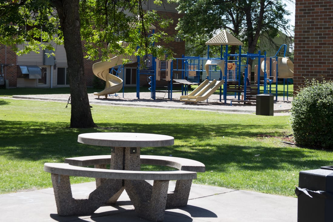 A playground with a slide and a picnic table.