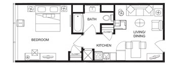 A black and white image of a floor plan for a house with a bedroom, kitchen, living/dining area, and bathroom.