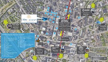 A map with a list of points of interest and driving times.