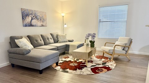 A grey couch with pillows sits in a living room with a rug and a chair.