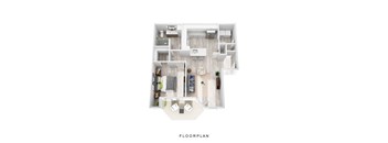 A floor plan of a house with a living room, kitchen, and two bedrooms.
