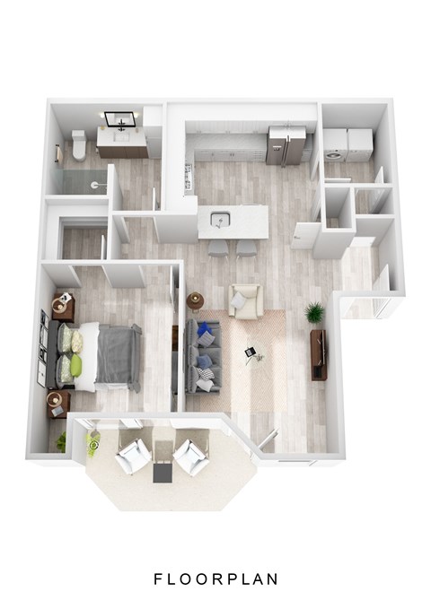 A floor plan of a house with a living room, kitchen, and two bedrooms.