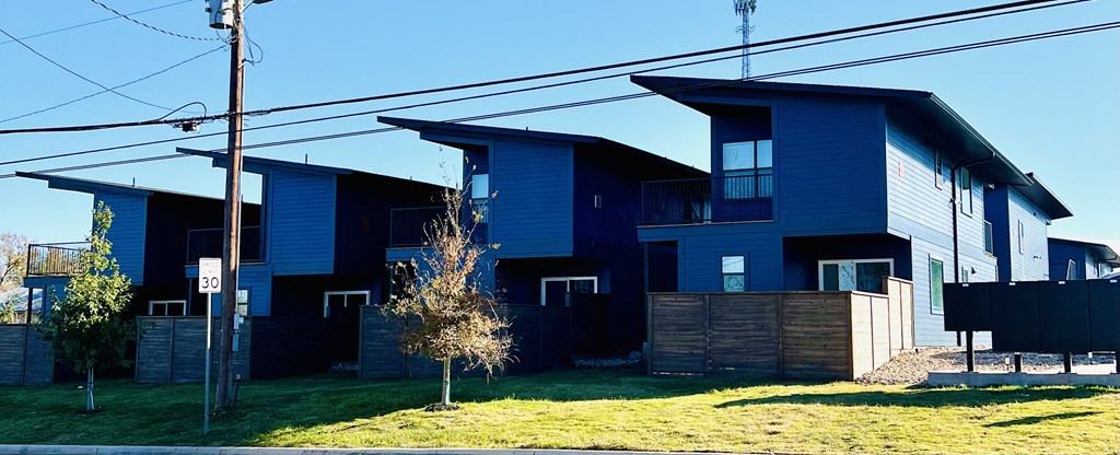 a row of blue houses on the side of a street