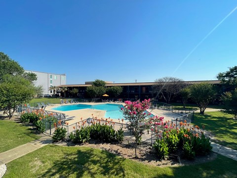 a backyard with a swimming pool and a building