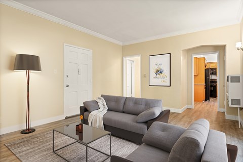 A living room with a grey couch and a black floor lamp.