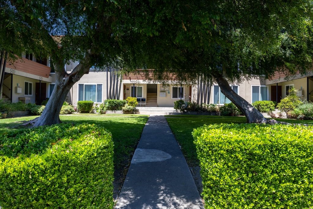 A pathway leads through a green hedge to a building.