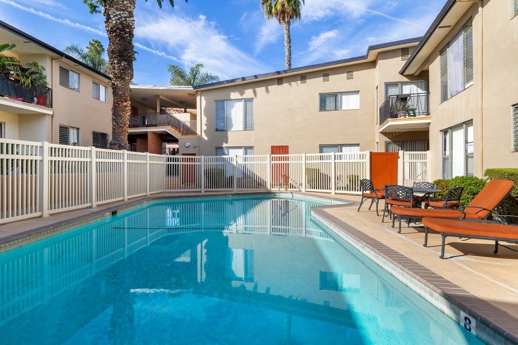 our apartments have a large pool and lounge chairs