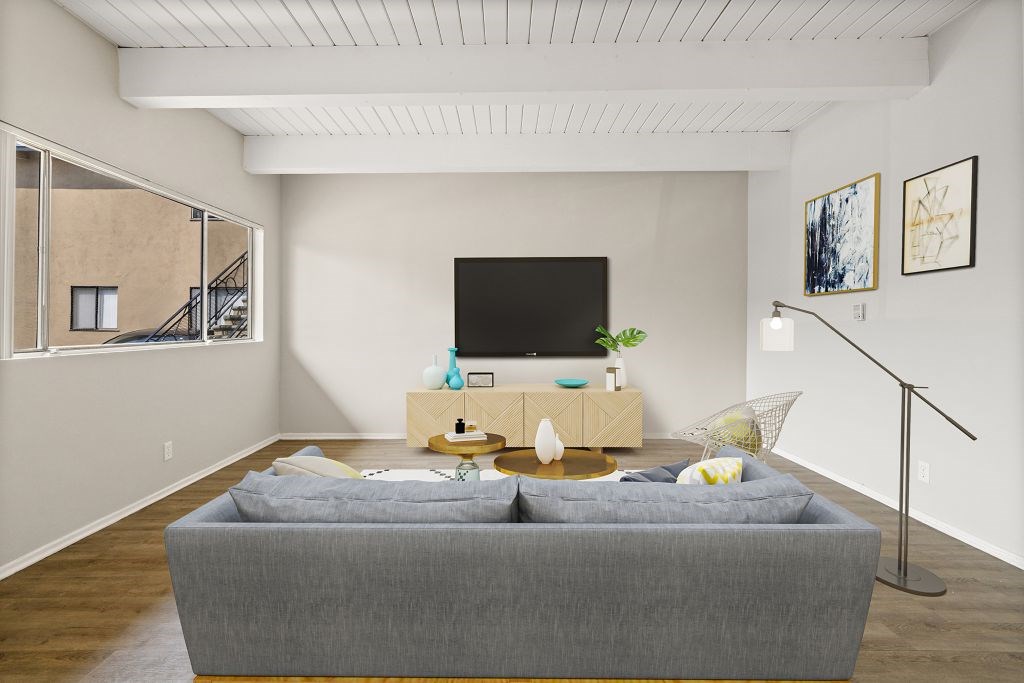 A grey couch in a living room with a television and a plant on a table.