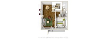 a 3d drawing of a bedroom with a bathroom and a living room