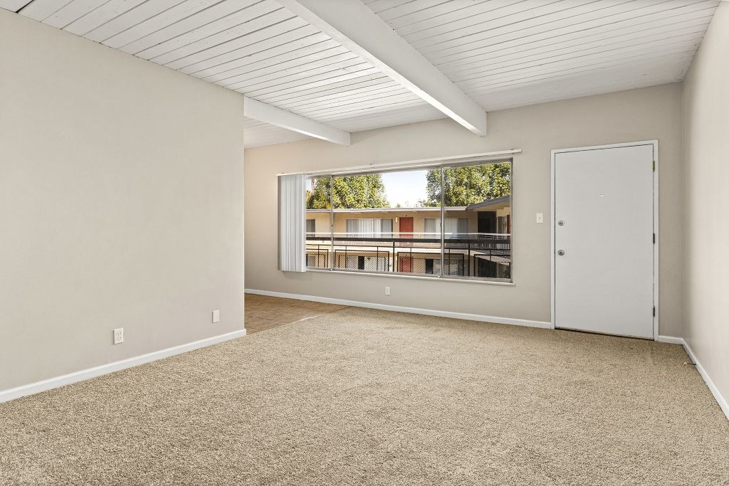 A room with a carpeted floor and a large window.