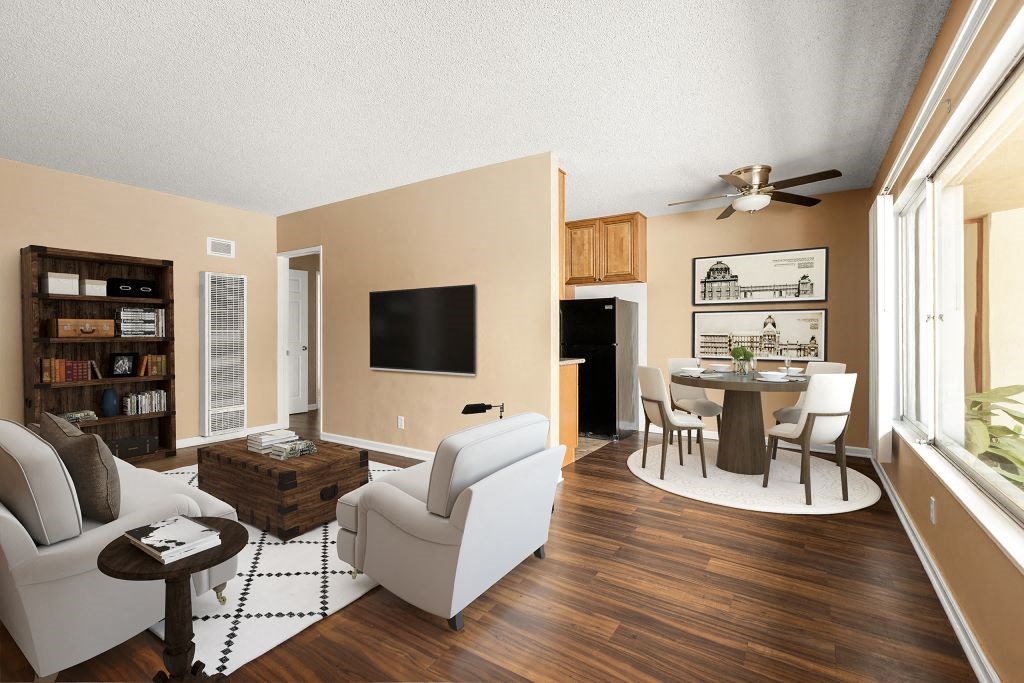 a living room with a couch and a table