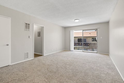 A room with a carpeted floor and a sliding glass door leading to a balcony.