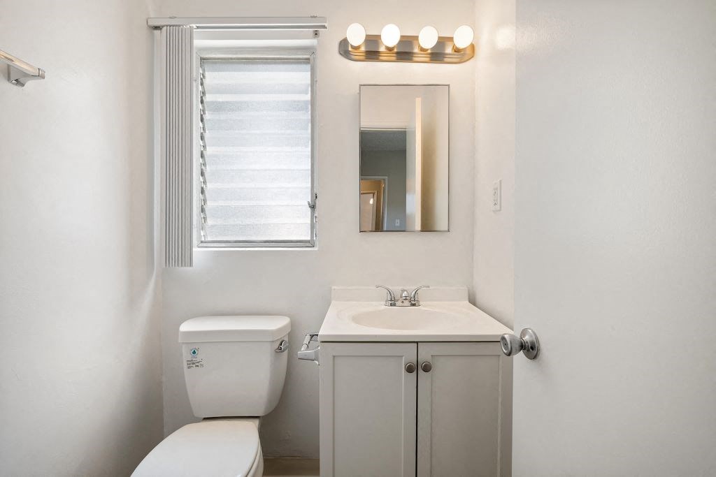 a bathroom with a sink toilet and mirror