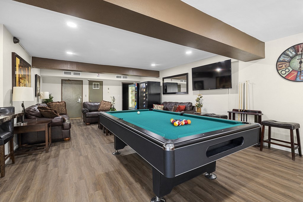 Recreation Room Pool Table at Lombardi Apartments, Woodland Hills, CA, 91367