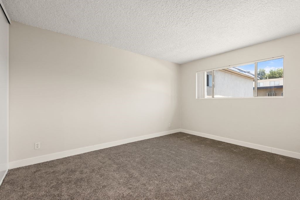 an empty living room with carpet and a window