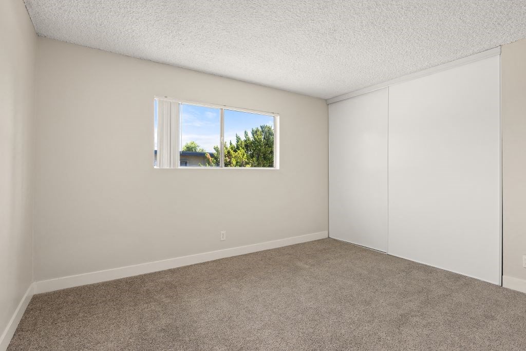 an empty room with carpet and a window