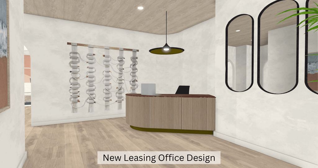 a new office design with a reception desk and three large windows at Casa De Marina Apartments, Los Angeles