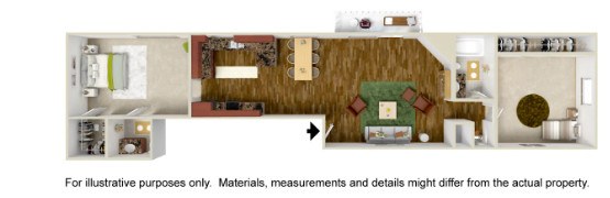 A floor plan of a house with a kitchen, living room, and two bedrooms.